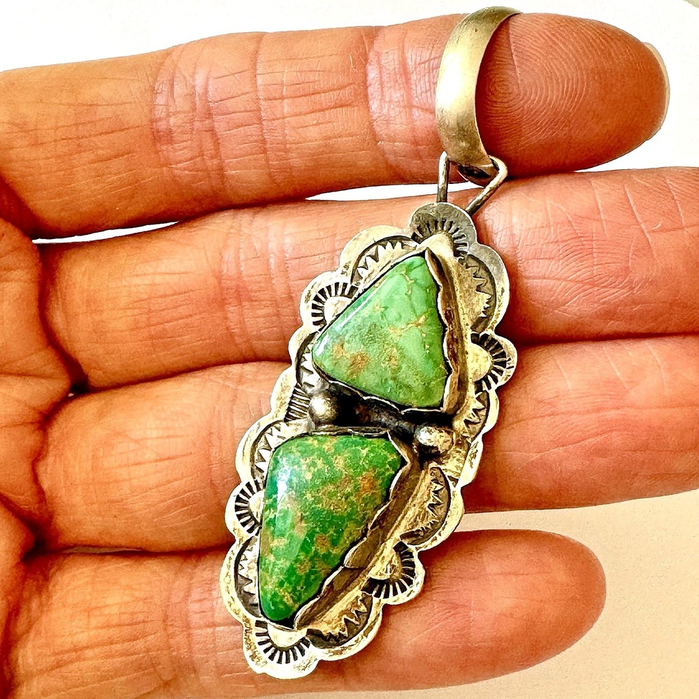 Navajo Royston Turquoise Pendant 2.75in R Boyd Sterling Two Stone Vintage Style